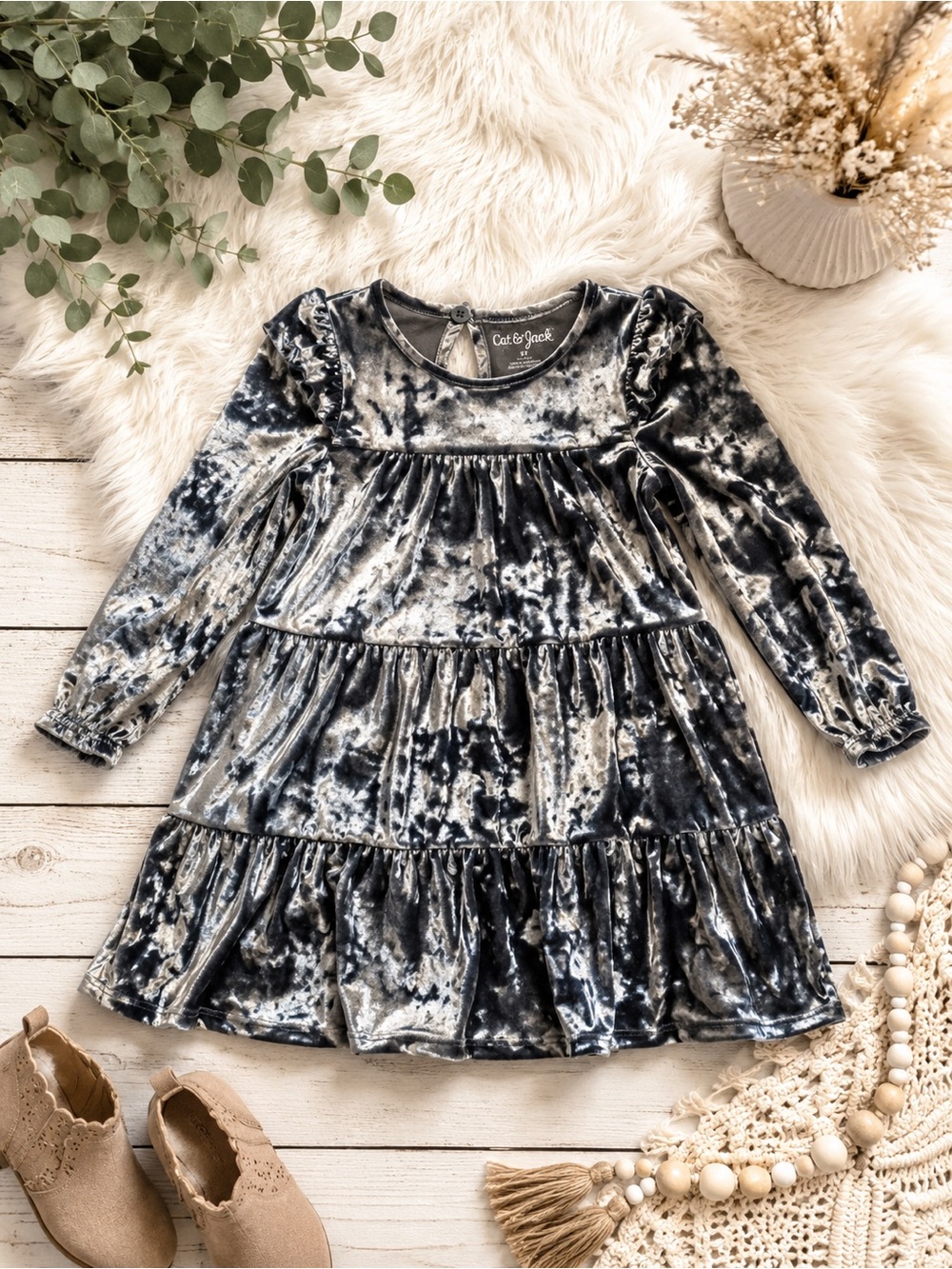 Cat & Jack Crushed Velvet Tiered Dress Girls Size 5T